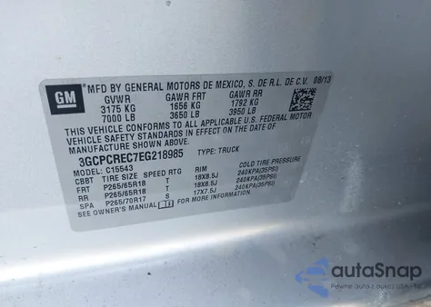 2014 Chevrolet Silverado 1500 2Lt из США, поврежденный, VIN 3GCPCREC7EG218985